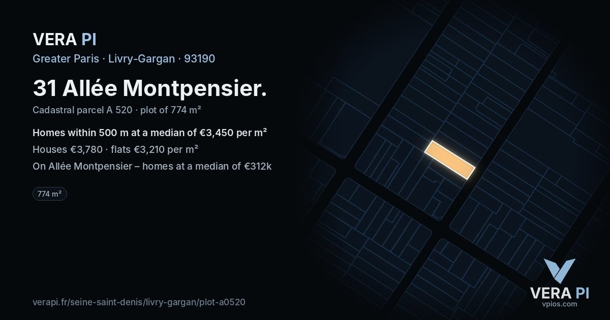 31 Allée Montpensier, Livry-Gargan at night – the plot lit, the parcels around coloured by the prices near them