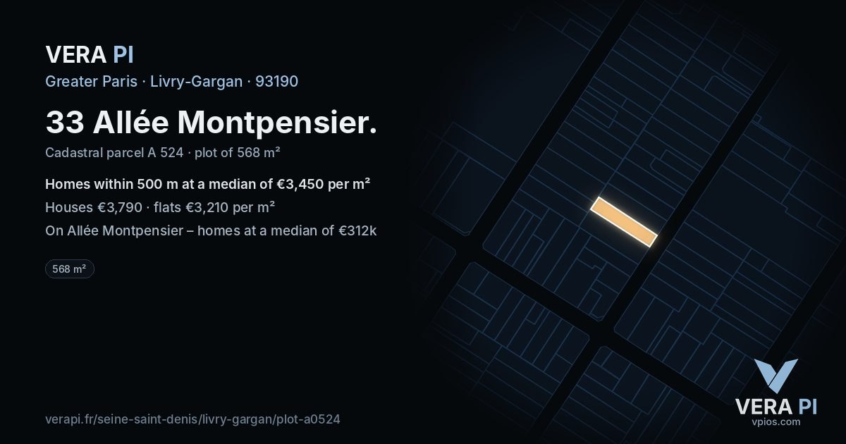 33 Allée Montpensier, Livry-Gargan at night – the plot lit, the parcels around coloured by the prices near them