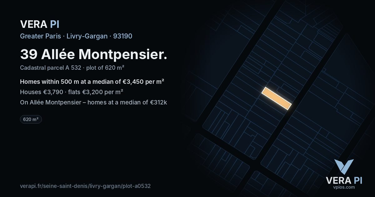 39 Allée Montpensier, Livry-Gargan at night – the plot lit, the parcels around coloured by the prices near them