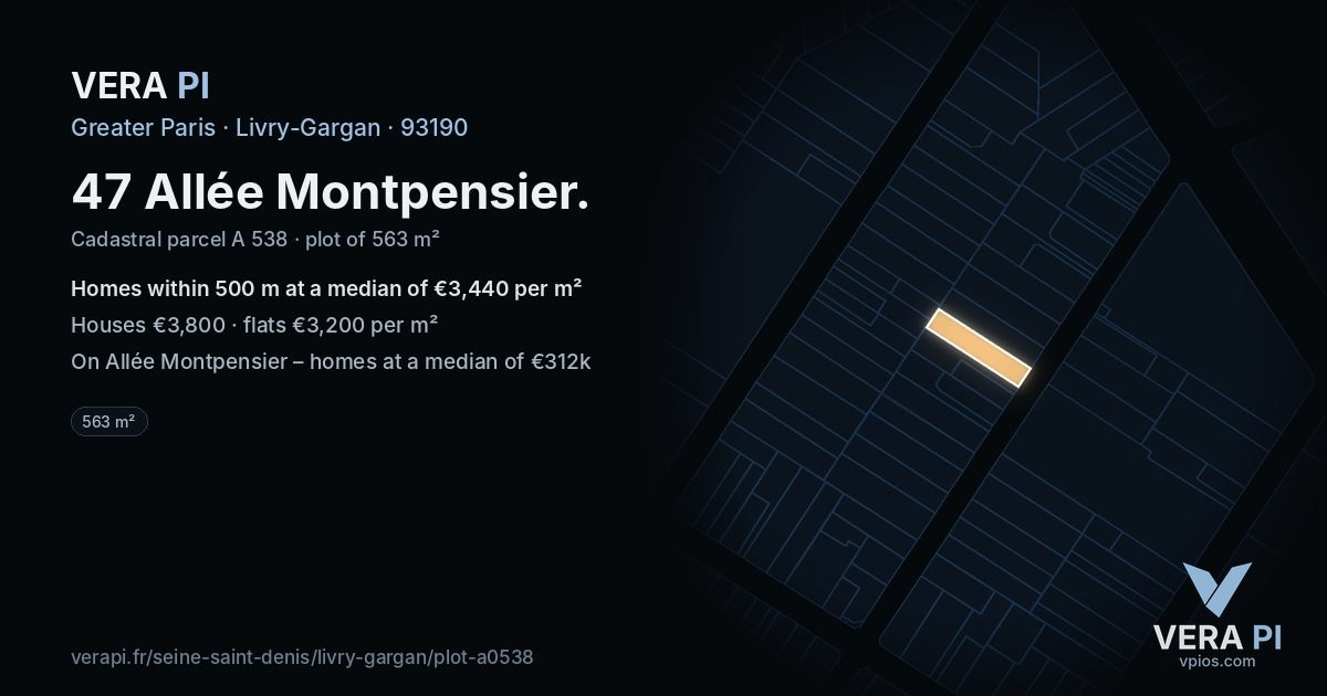 47 Allée Montpensier, Livry-Gargan at night – the plot lit, the parcels around coloured by the prices near them