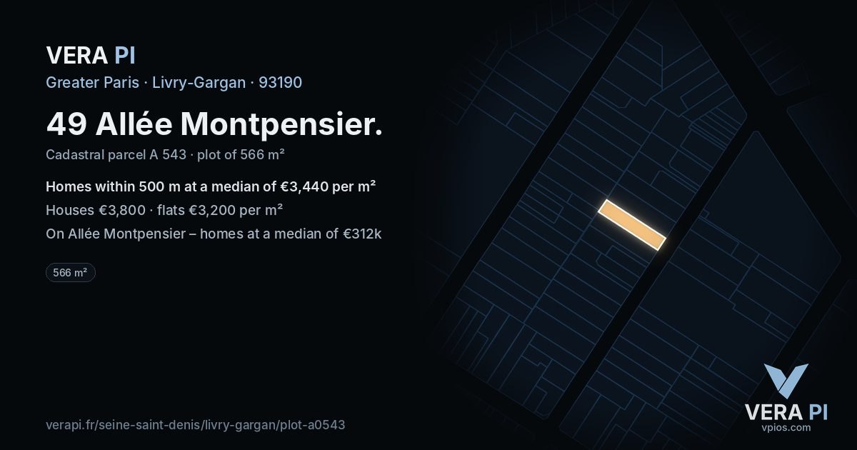 49 Allée Montpensier, Livry-Gargan at night – the plot lit, the parcels around coloured by the prices near them