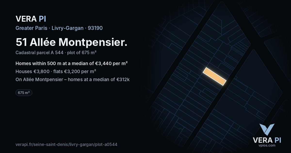 51 Allée Montpensier, Livry-Gargan at night – the plot lit, the parcels around coloured by the prices near them