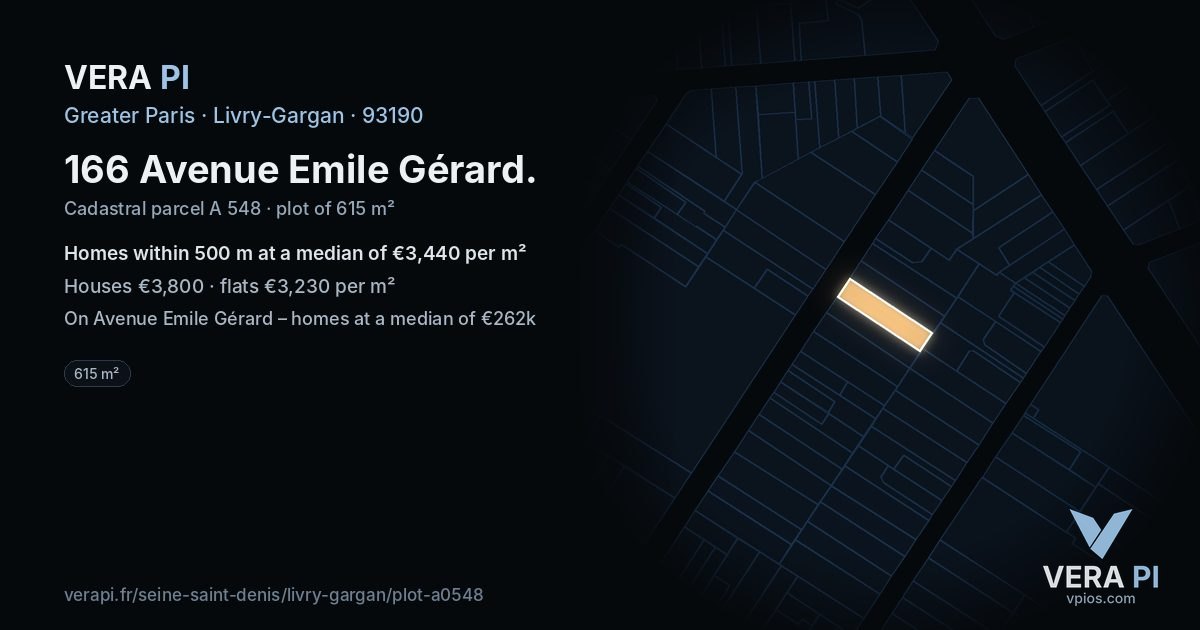 166 Avenue Emile Gérard, Livry-Gargan at night – the plot lit, the parcels around coloured by the prices near them