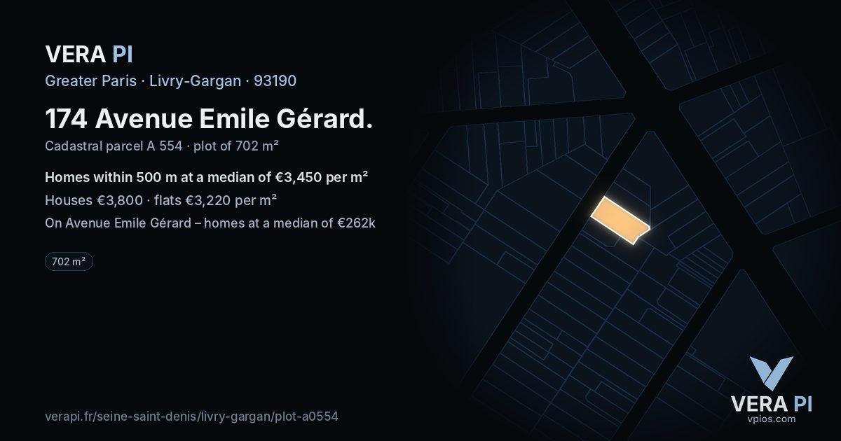 174 Avenue Emile Gérard, Livry-Gargan at night – the plot lit, the parcels around coloured by the prices near them