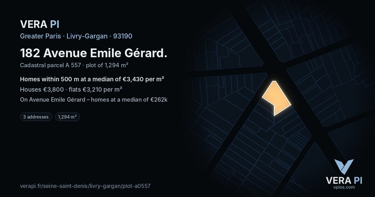 182 Avenue Emile Gérard, Livry-Gargan at night – the plot lit, the parcels around coloured by the prices near them
