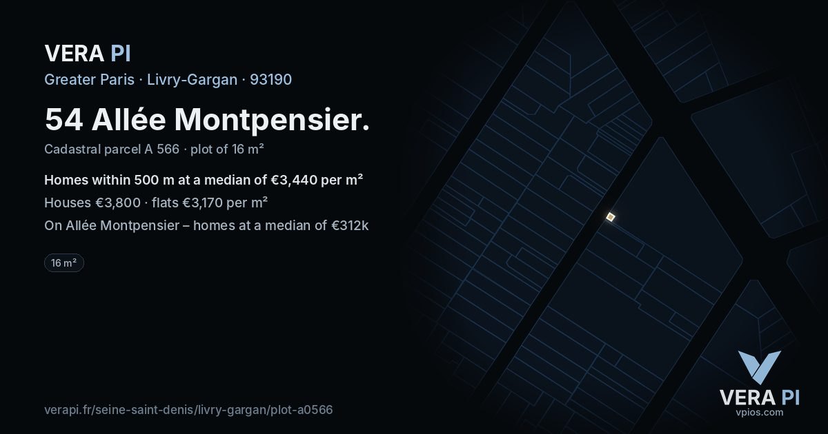 54 Allée Montpensier, Livry-Gargan at night – the plot lit, the parcels around coloured by the prices near them