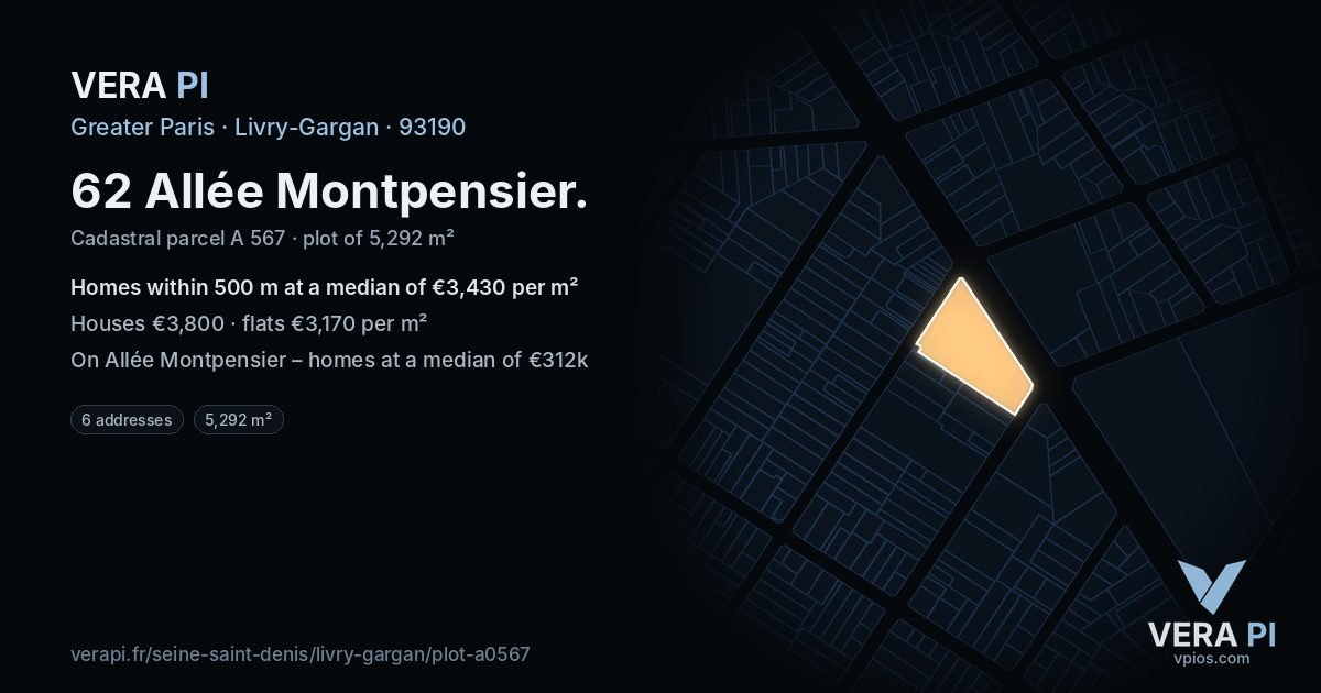 62 Allée Montpensier, Livry-Gargan at night – the plot lit, the parcels around coloured by the prices near them