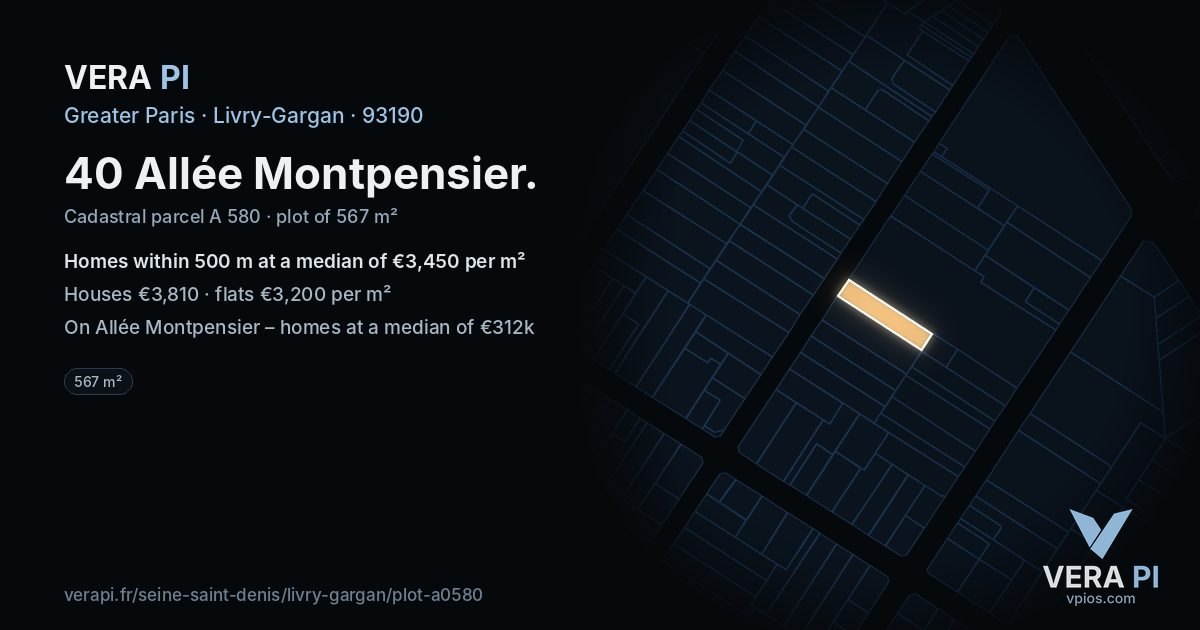 40 Allée Montpensier, Livry-Gargan at night – the plot lit, the parcels around coloured by the prices near them