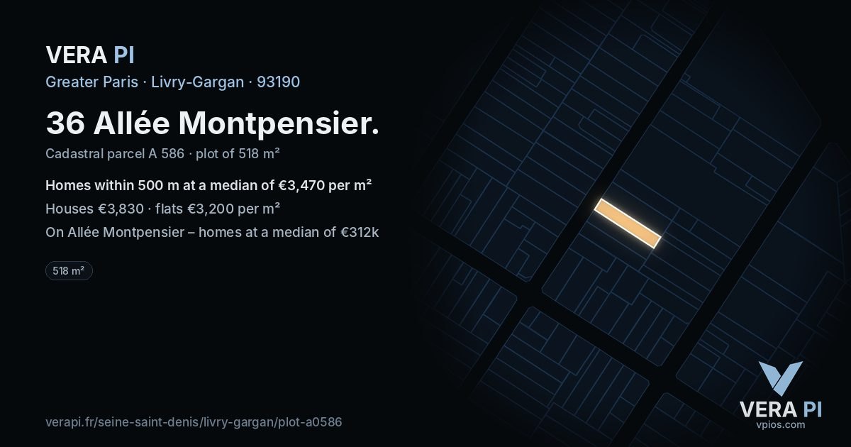 36 Allée Montpensier, Livry-Gargan at night – the plot lit, the parcels around coloured by the prices near them