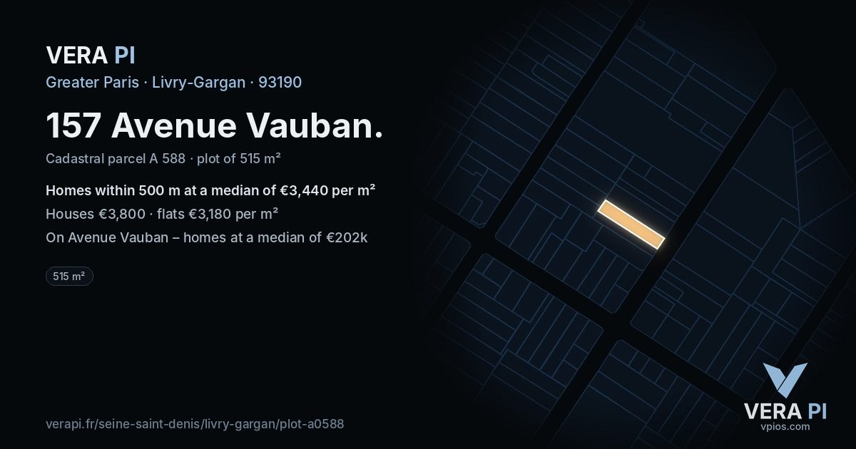 157 Avenue Vauban, Livry-Gargan at night – the plot lit, the parcels around coloured by the prices near them