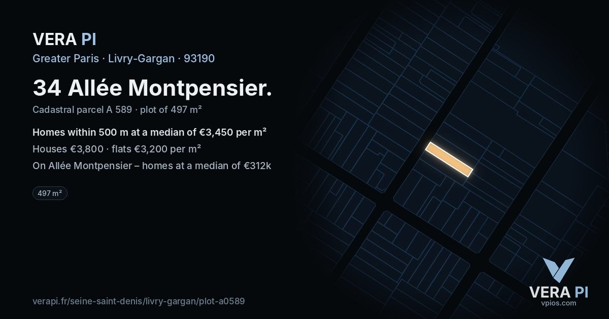 34 Allée Montpensier, Livry-Gargan at night – the plot lit, the parcels around coloured by the prices near them
