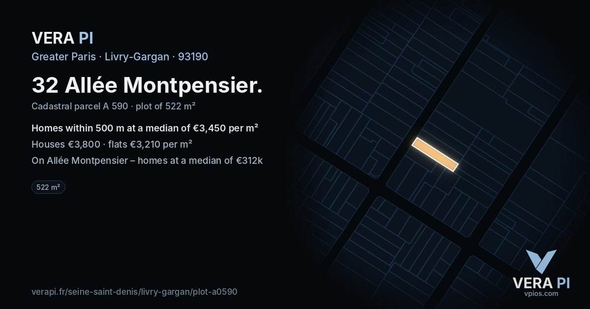 32 Allée Montpensier, Livry-Gargan at night – the plot lit, the parcels around coloured by the prices near them
