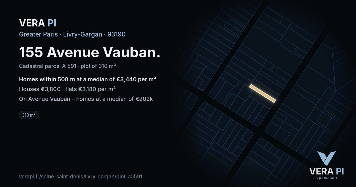 155 Avenue Vauban, Livry-Gargan at night – the plot lit, the parcels around coloured by the prices near them