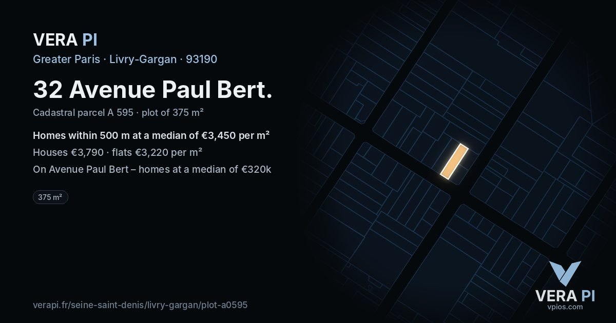 32 Avenue Paul Bert, Livry-Gargan at night – the plot lit, the parcels around coloured by the prices near them