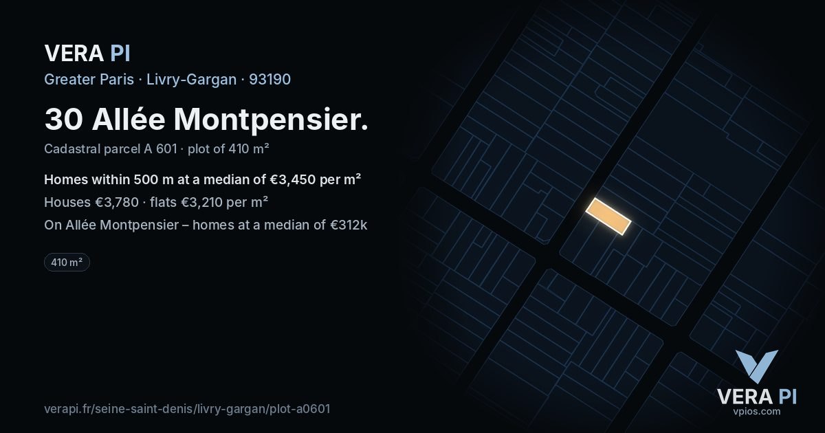 30 Allée Montpensier, Livry-Gargan at night – the plot lit, the parcels around coloured by the prices near them
