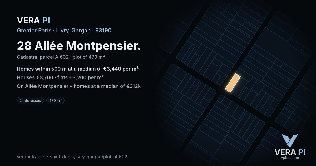 28 Allée Montpensier, Livry-Gargan at night – the plot lit, the parcels around coloured by the prices near them