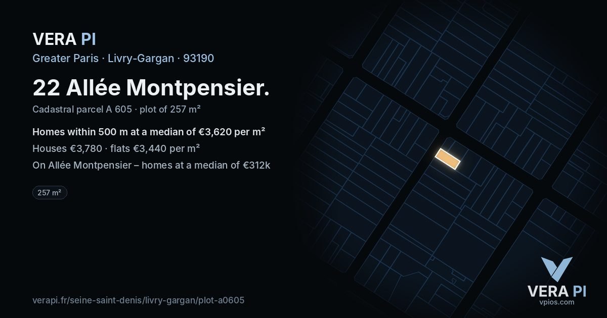 22 Allée Montpensier, Livry-Gargan at night – the plot lit, the parcels around coloured by the prices near them