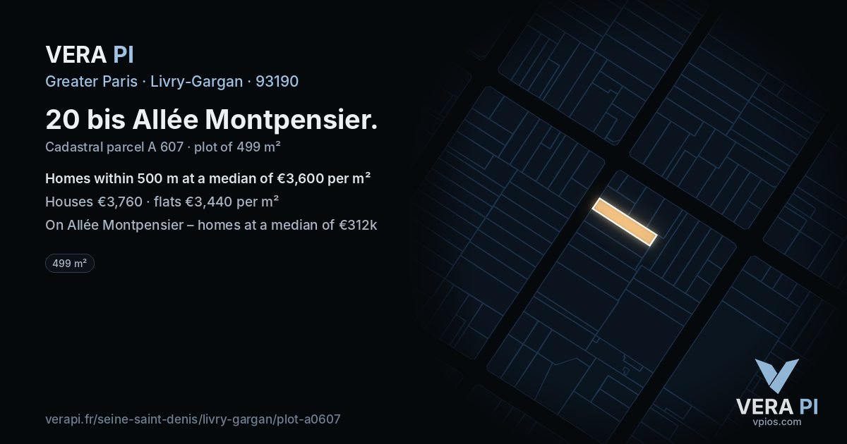 20 bis Allée Montpensier, Livry-Gargan at night – the plot lit, the parcels around coloured by the prices near them