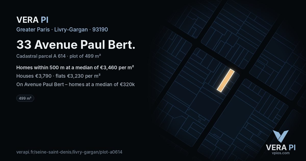33 Avenue Paul Bert, Livry-Gargan at night – the plot lit, the parcels around coloured by the prices near them