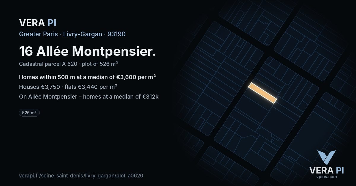 16 Allée Montpensier, Livry-Gargan at night – the plot lit, the parcels around coloured by the prices near them