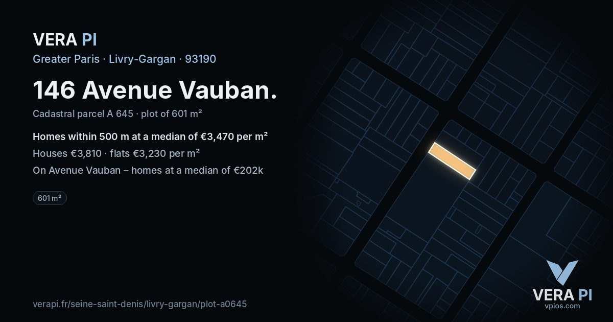 146 Avenue Vauban, Livry-Gargan at night – the plot lit, the parcels around coloured by the prices near them