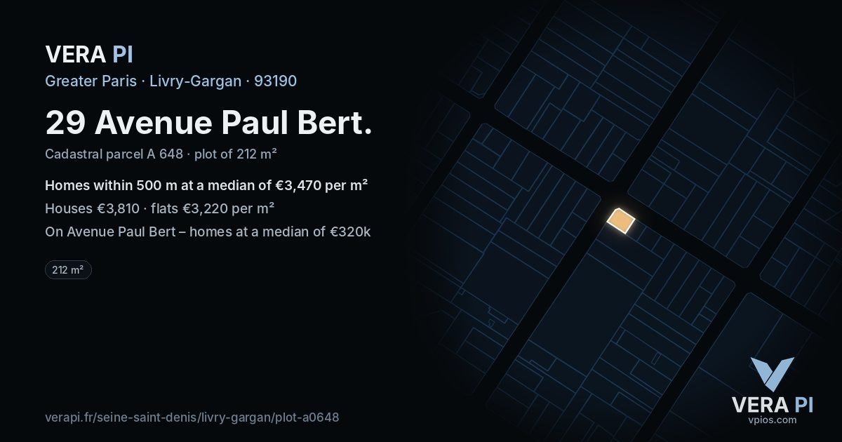 29 Avenue Paul Bert, Livry-Gargan at night – the plot lit, the parcels around coloured by the prices near them