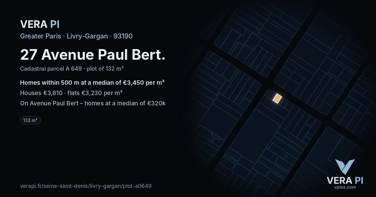 27 Avenue Paul Bert, Livry-Gargan at night – the plot lit, the parcels around coloured by the prices near them