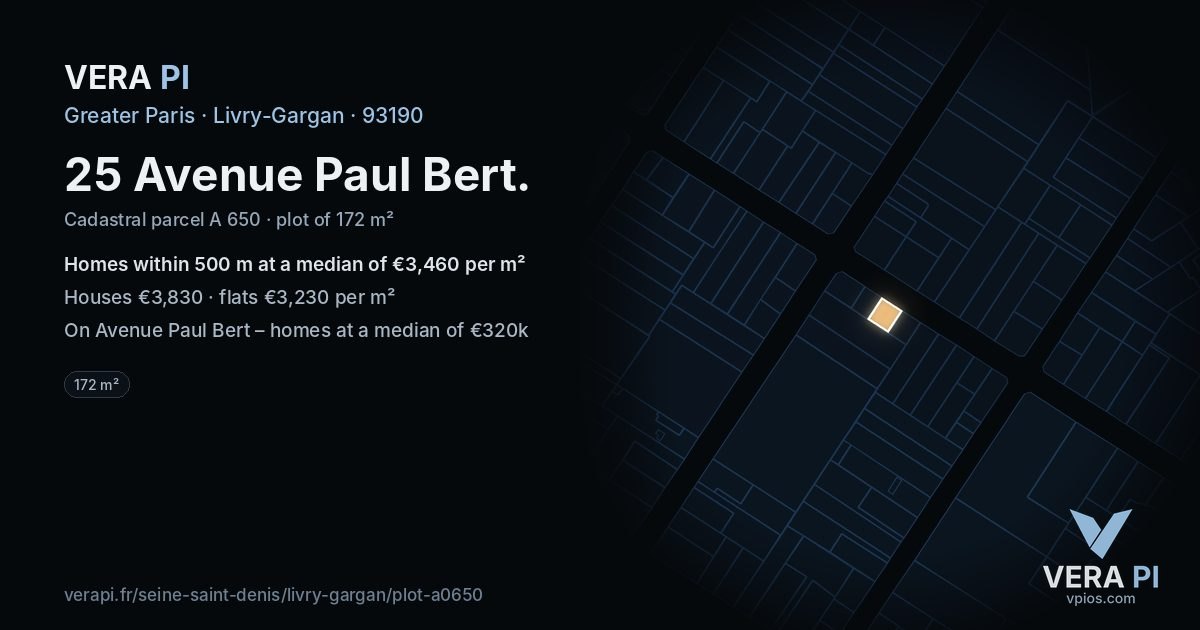 25 Avenue Paul Bert, Livry-Gargan at night – the plot lit, the parcels around coloured by the prices near them
