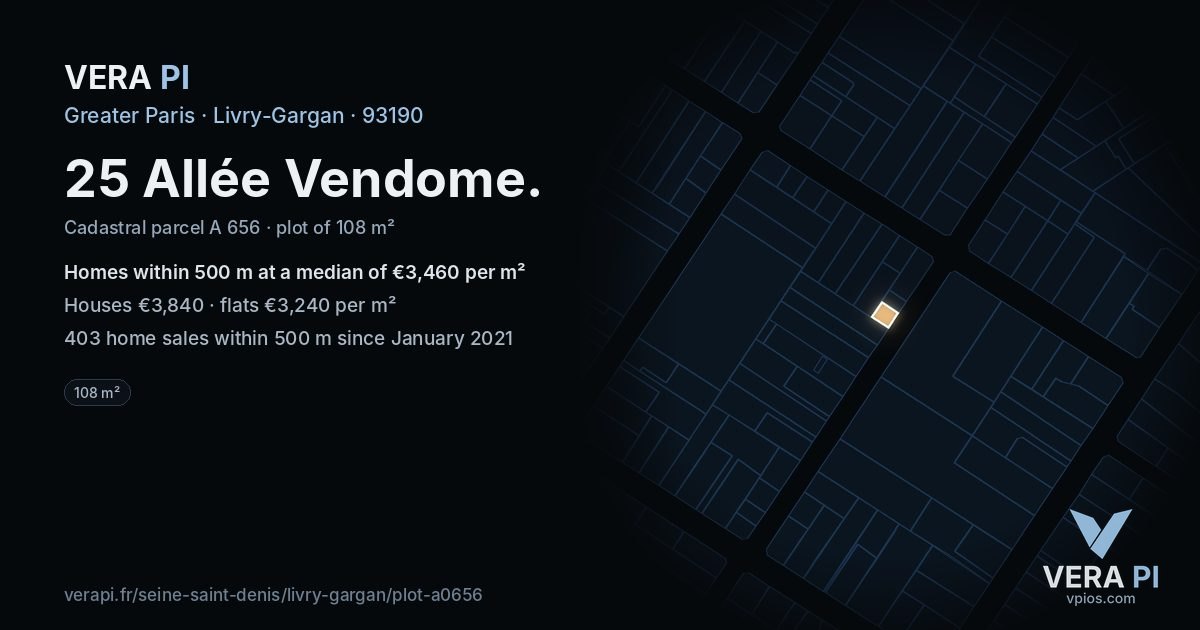 25 Allée Vendome, Livry-Gargan at night – the plot lit, the parcels around coloured by the prices near them