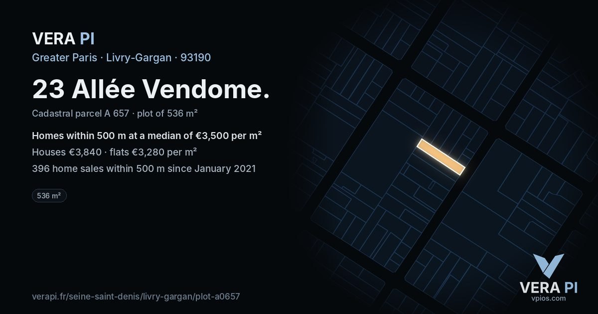 23 Allée Vendome, Livry-Gargan at night – the plot lit, the parcels around coloured by the prices near them
