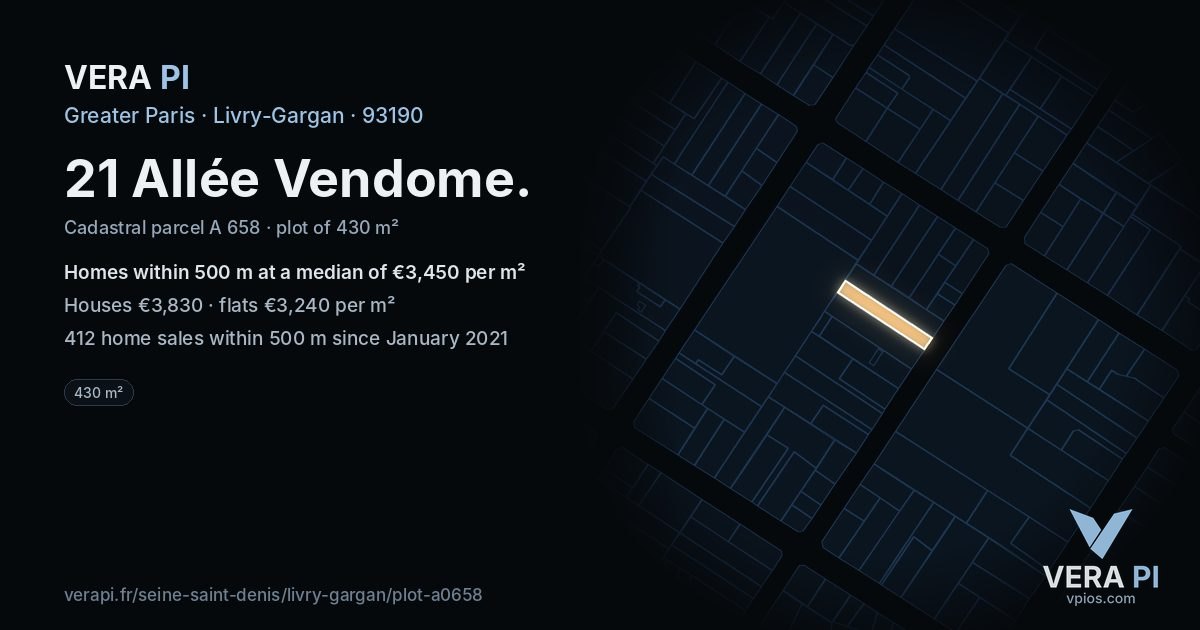 21 Allée Vendome, Livry-Gargan at night – the plot lit, the parcels around coloured by the prices near them