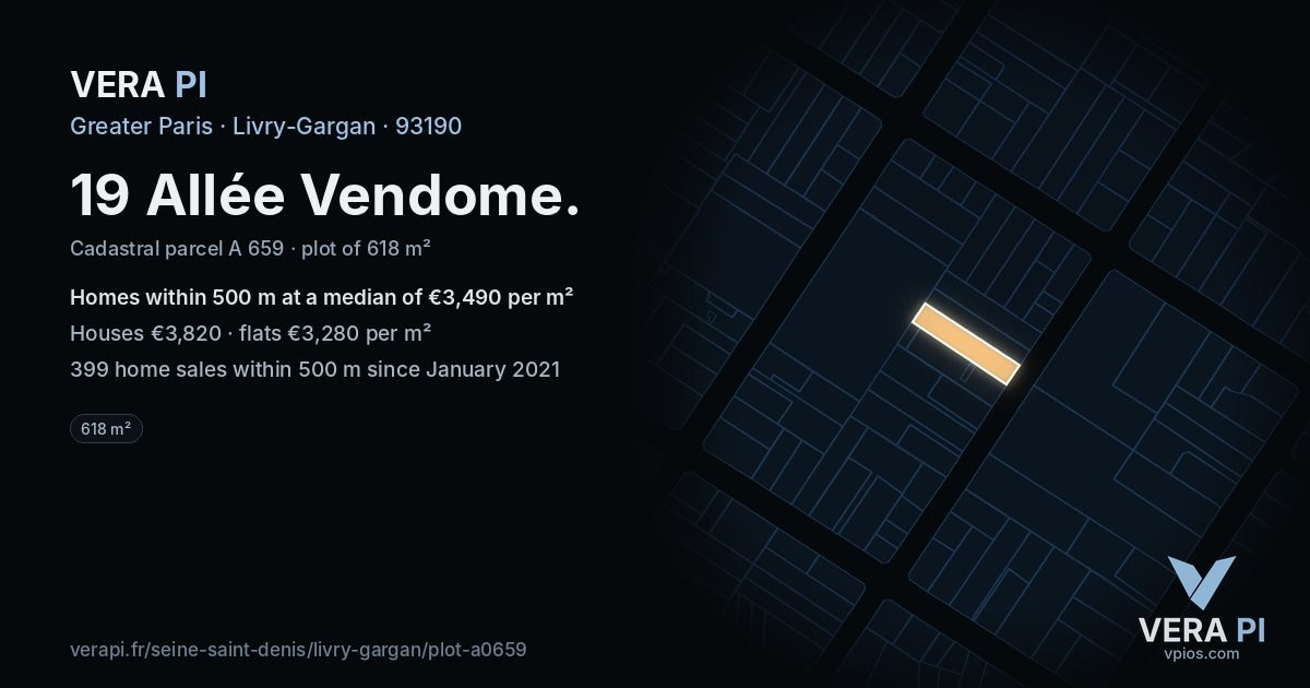 19 Allée Vendome, Livry-Gargan at night – the plot lit, the parcels around coloured by the prices near them