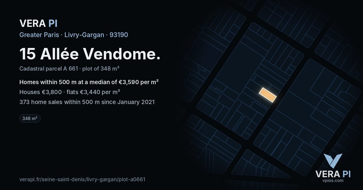 15 Allée Vendome, Livry-Gargan at night – the plot lit, the parcels around coloured by the prices near them