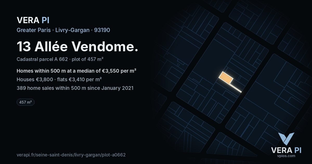 13 Allée Vendome, Livry-Gargan at night – the plot lit, the parcels around coloured by the prices near them