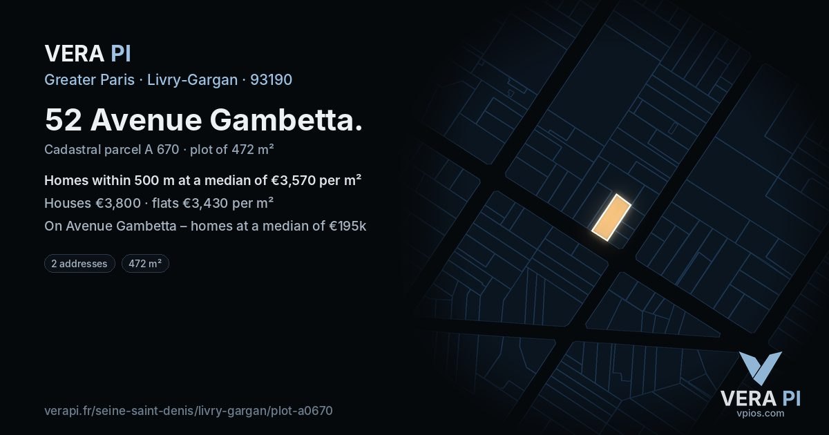 52 Avenue Gambetta, Livry-Gargan at night – the plot lit, the parcels around coloured by the prices near them