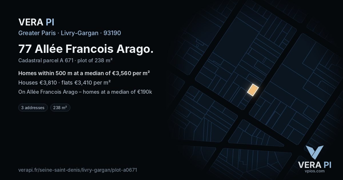 77 Allée Francois Arago, Livry-Gargan at night – the plot lit, the parcels around coloured by the prices near them