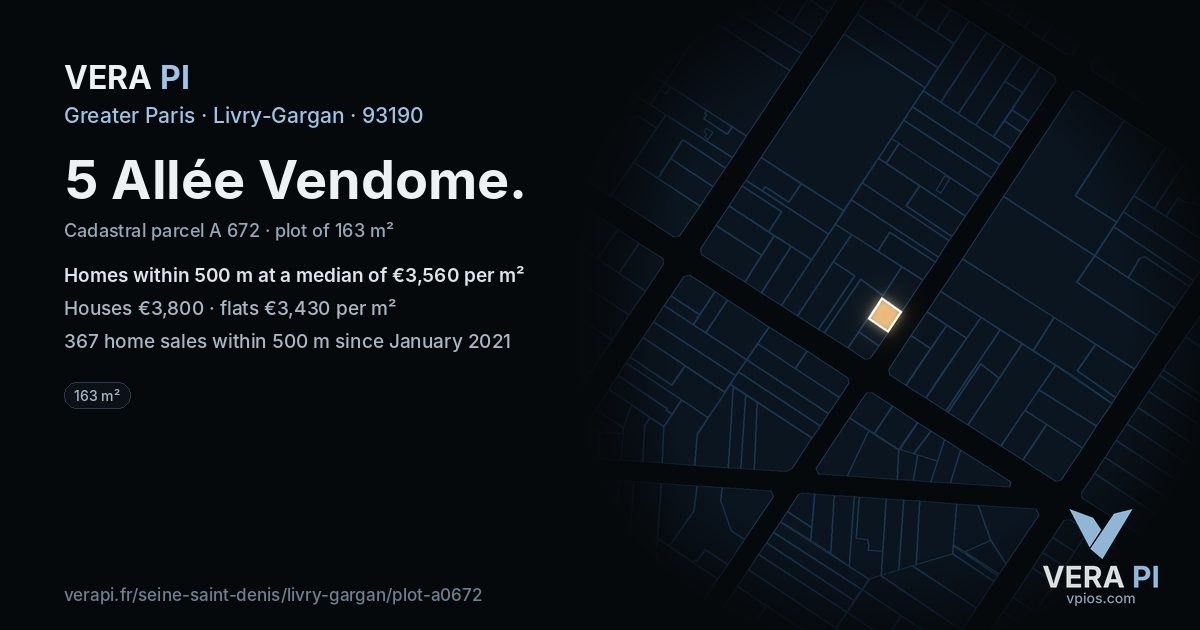 5 Allée Vendome, Livry-Gargan at night – the plot lit, the parcels around coloured by the prices near them