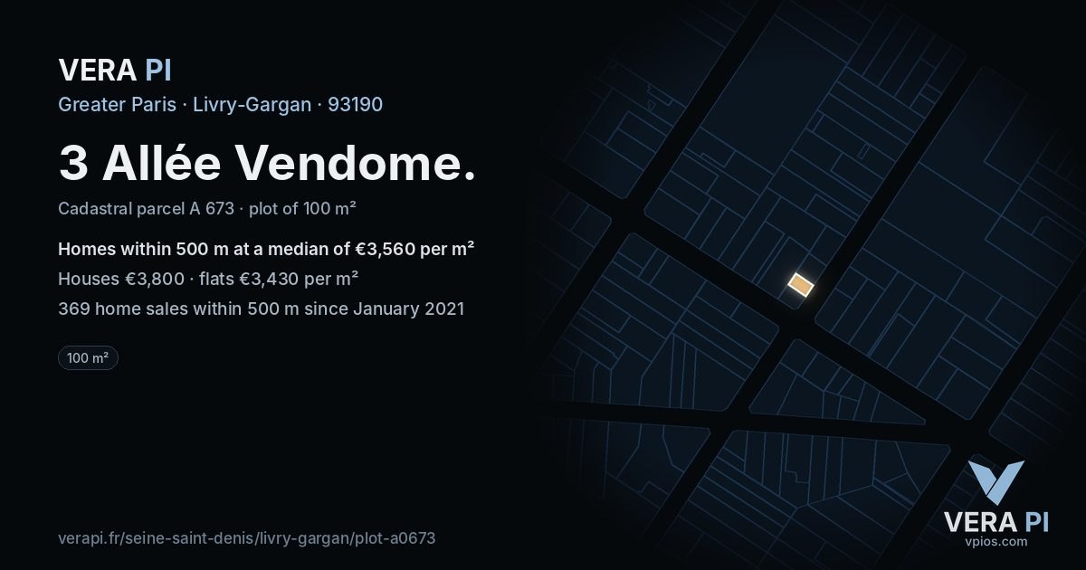 3 Allée Vendome, Livry-Gargan at night – the plot lit, the parcels around coloured by the prices near them