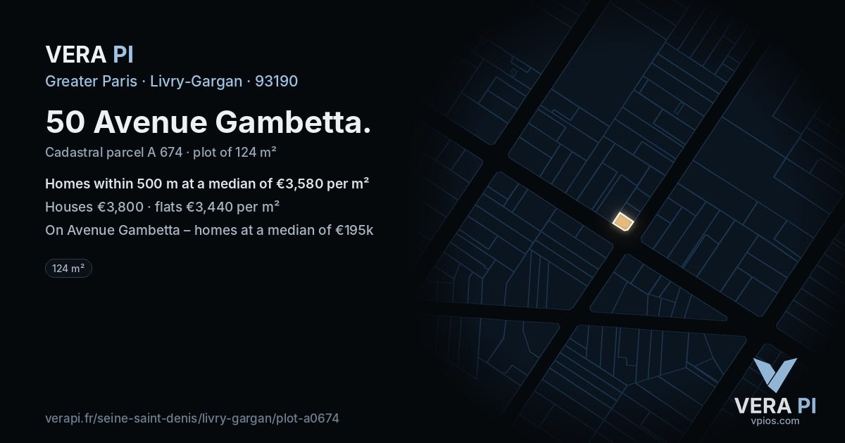 50 Avenue Gambetta, Livry-Gargan at night – the plot lit, the parcels around coloured by the prices near them