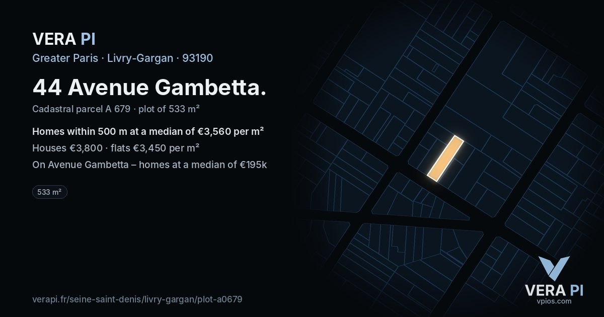 44 Avenue Gambetta, Livry-Gargan at night – the plot lit, the parcels around coloured by the prices near them