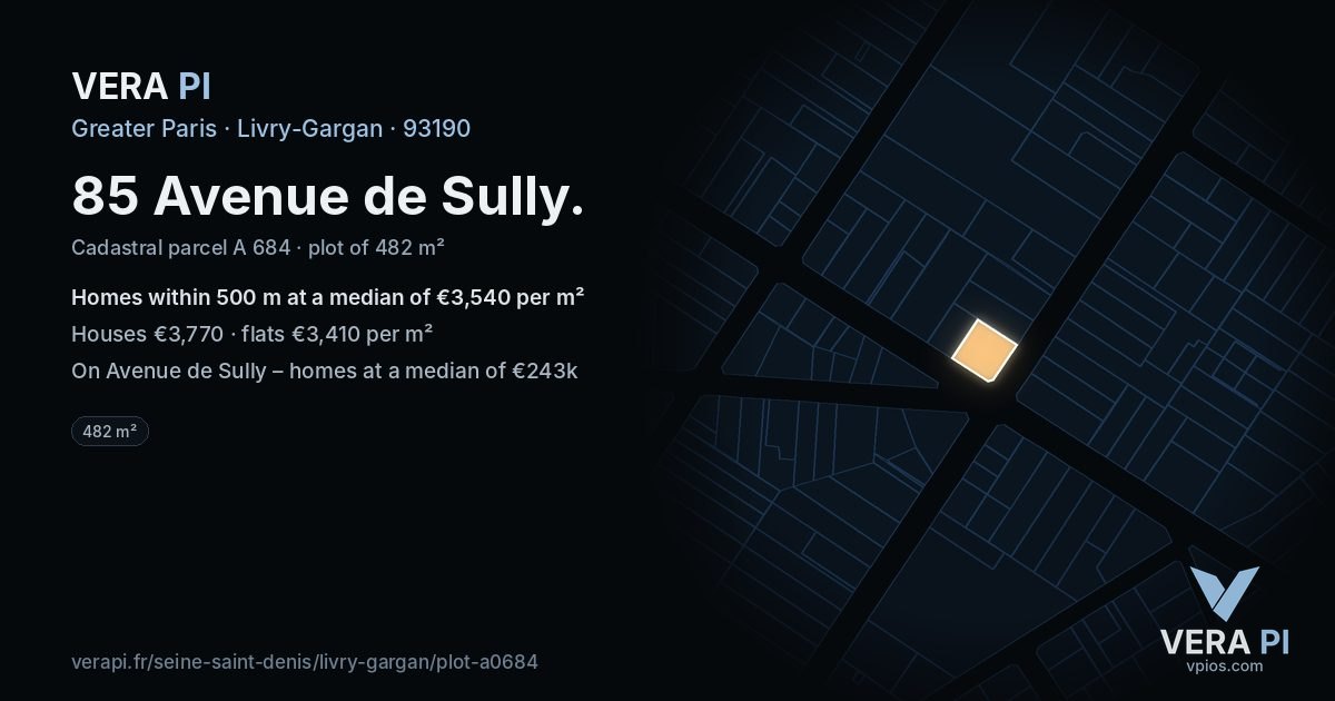 85 Avenue de Sully, Livry-Gargan at night – the plot lit, the parcels around coloured by the prices near them