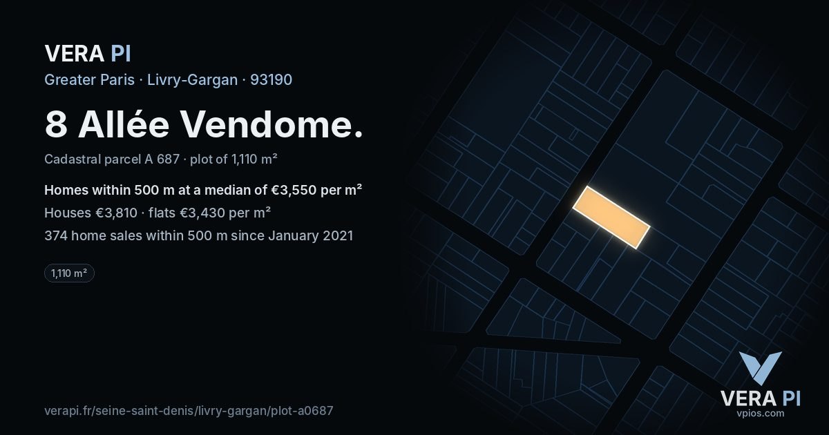 8 Allée Vendome, Livry-Gargan at night – the plot lit, the parcels around coloured by the prices near them