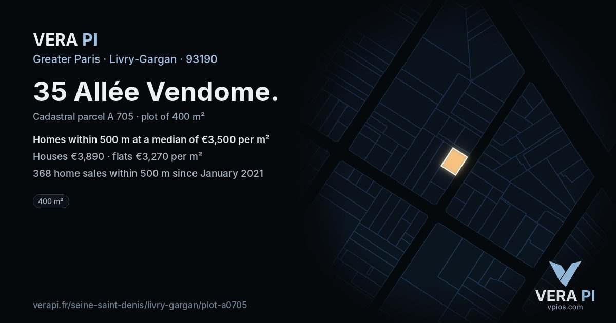 35 Allée Vendome, Livry-Gargan at night – the plot lit, the parcels around coloured by the prices near them