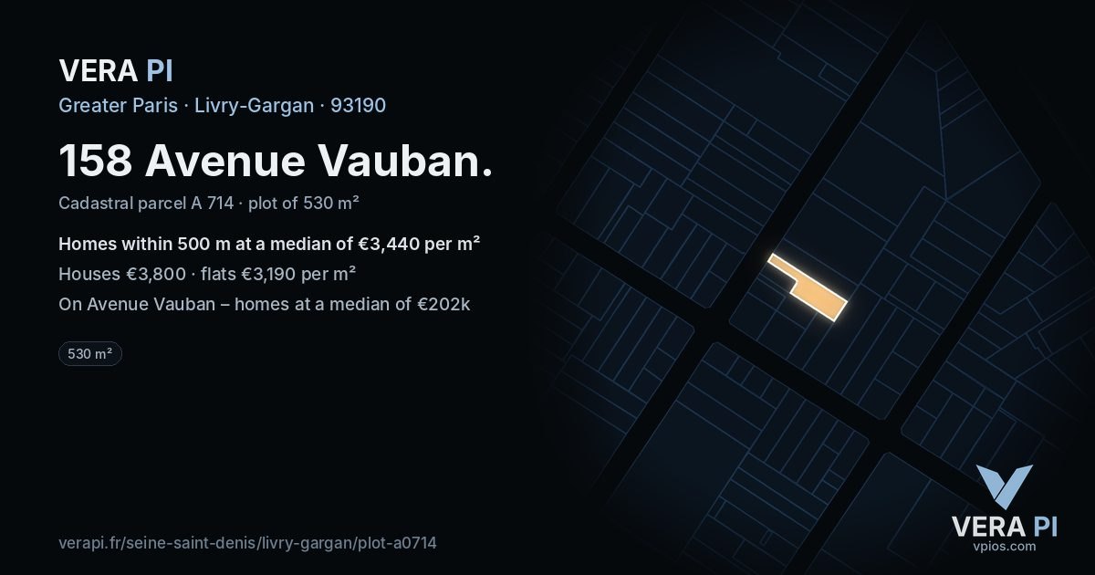 158 Avenue Vauban, Livry-Gargan at night – the plot lit, the parcels around coloured by the prices near them