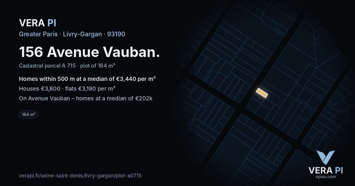 156 Avenue Vauban, Livry-Gargan at night – the plot lit, the parcels around coloured by the prices near them