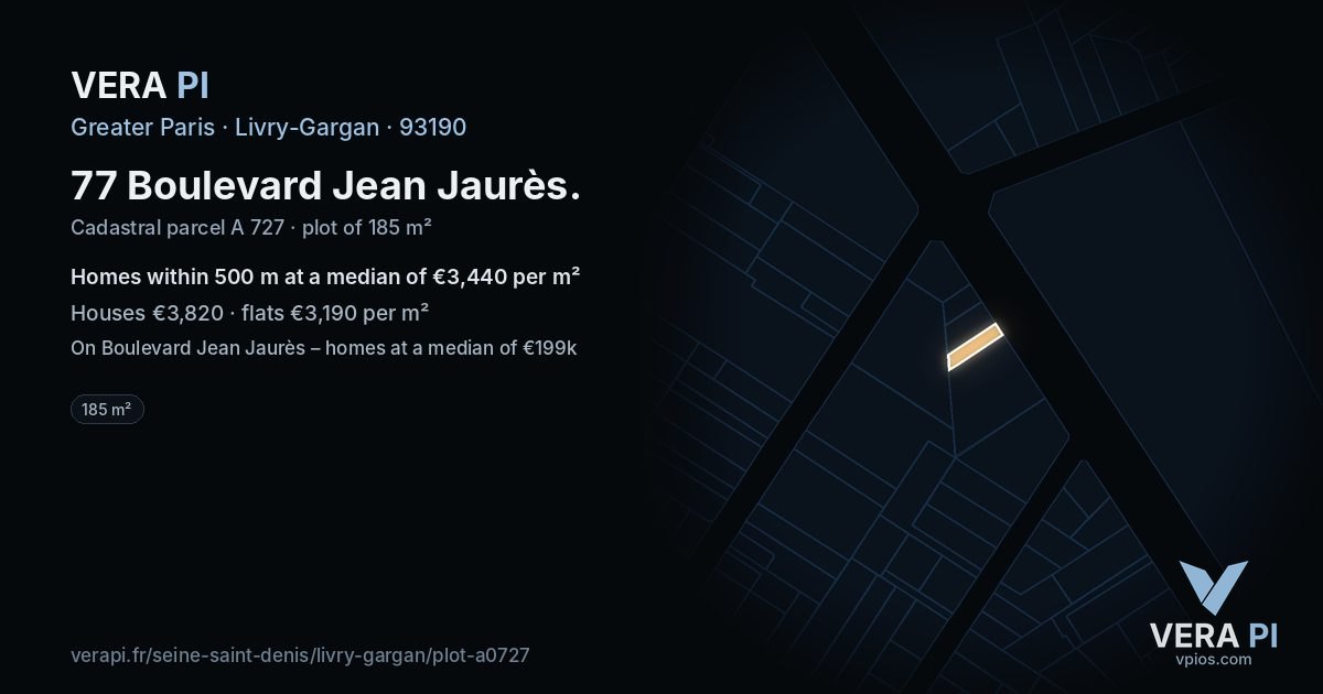 77 Boulevard Jean Jaurès, Livry-Gargan at night – the plot lit, the parcels around coloured by the prices near them