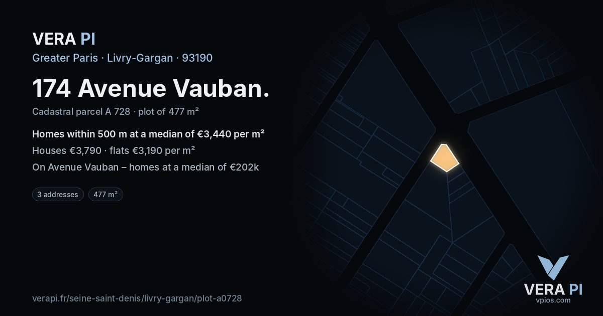 174 Avenue Vauban, Livry-Gargan at night – the plot lit, the parcels around coloured by the prices near them