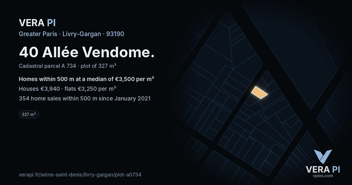 40 Allée Vendome, Livry-Gargan at night – the plot lit, the parcels around coloured by the prices near them