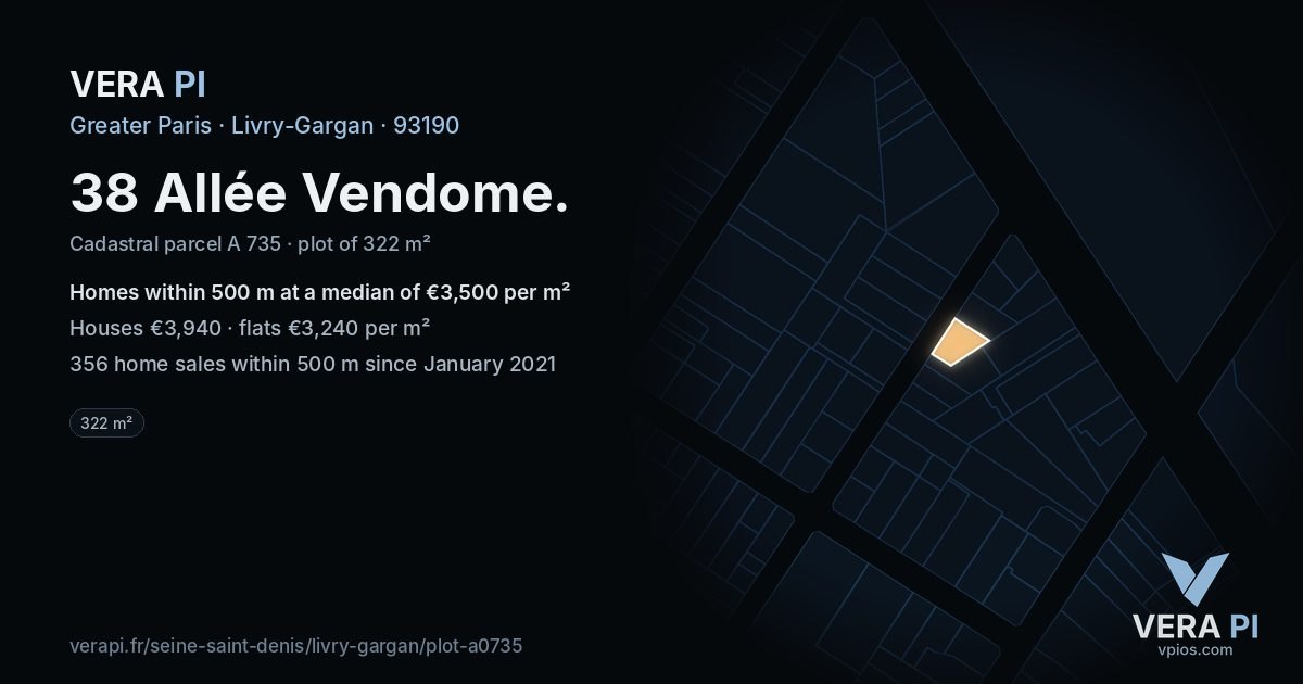 38 Allée Vendome, Livry-Gargan at night – the plot lit, the parcels around coloured by the prices near them