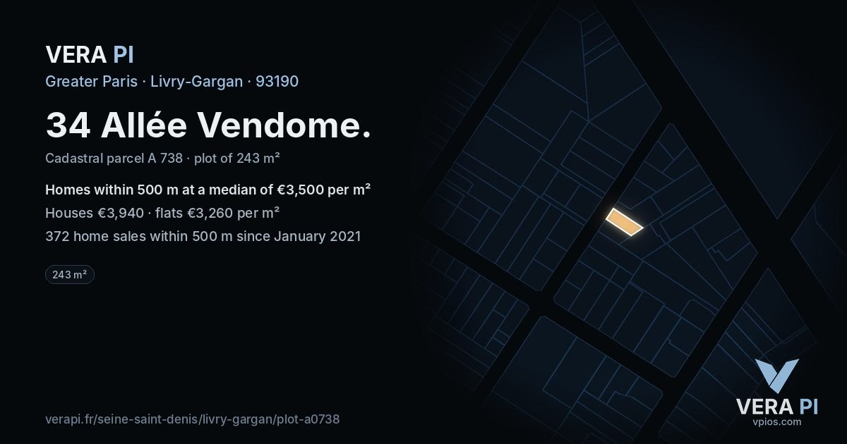 34 Allée Vendome, Livry-Gargan at night – the plot lit, the parcels around coloured by the prices near them